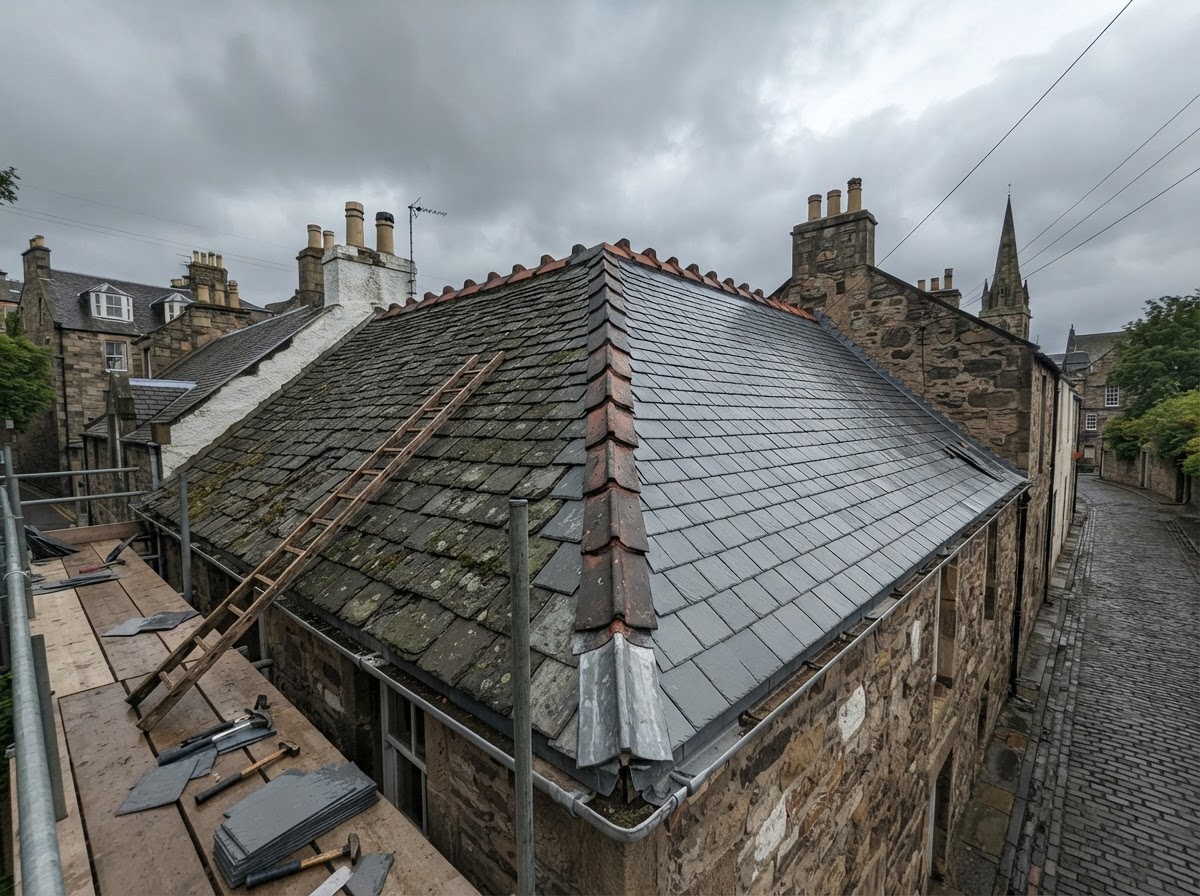 Slate Roof Restoration – St Andrews - Restored a traditional slate roof on a historic property, replacing damaged slates and repointing ridges. in Fife by Alpha Roofing & Building
