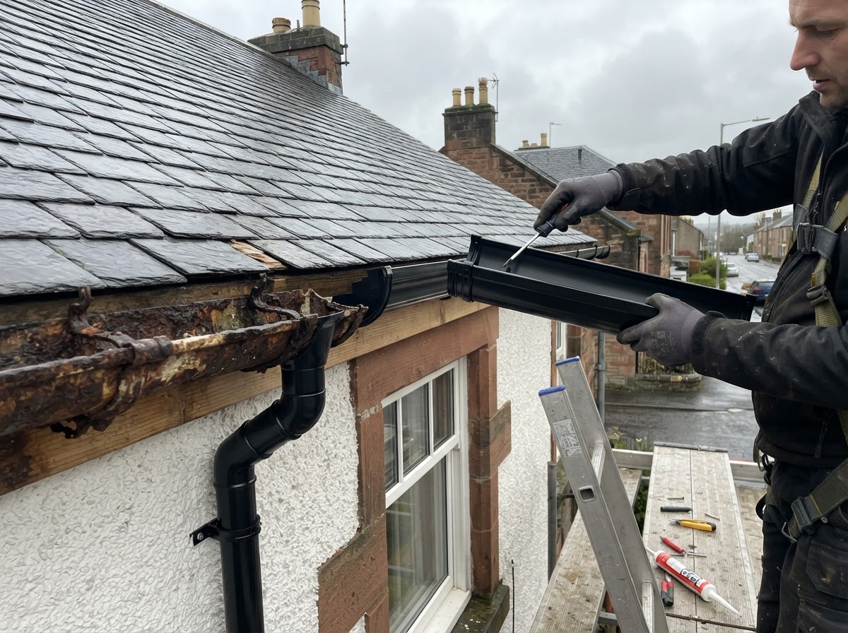 New Guttering – Larbert - Replaced old, leaking gutters with new uPVC systems to protect the property from water damage. in Falkirk by Alpha Roofing & Building