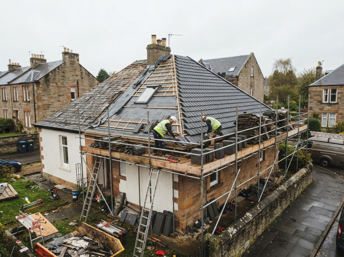 Roof Replacement – Bonnyrigg - Stripped and re-roofed a detached family home with new concrete tiles and breathable membrane. in Midlothian by Alpha Roofing & Building