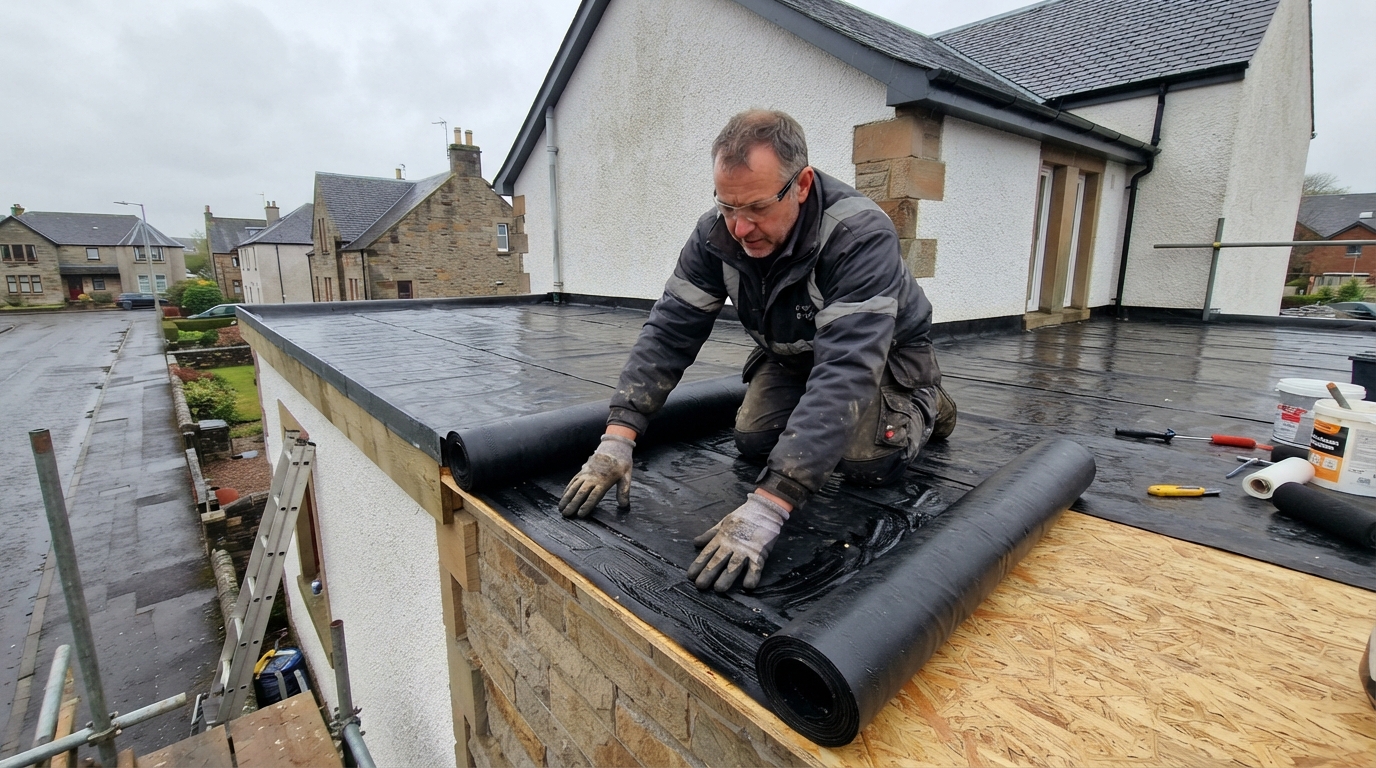 Flat Roof Replacement – Bannockburn - Replaced an aging felt flat roof with a modern EPDM system on a home extension. in Stirling by Alpha Roofing & Building