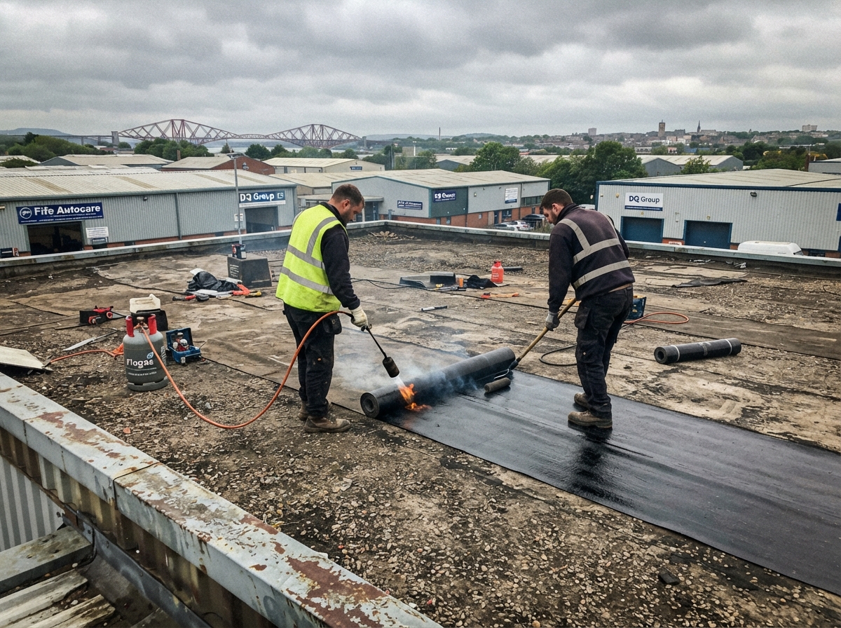 Flat Roof Repair – Dunfermline - Repaired a leaking flat roof on a commercial unit using durable torch-on felt. in Fife by Alpha Roofing & Building