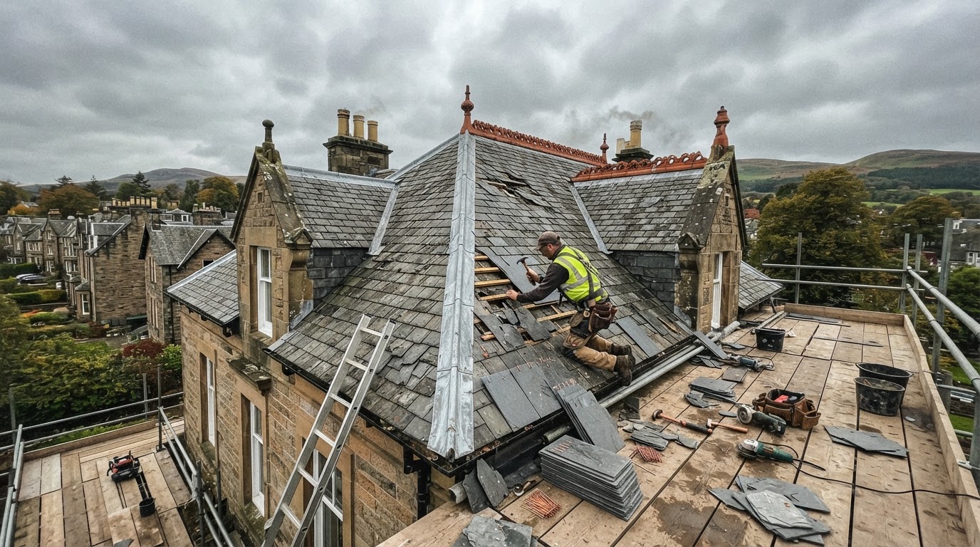 Slate Roof Repair – Bridge of Allan - Replaced slipped slates and repaired flashing on a Victorian villa. in Stirling by Alpha Roofing & Building