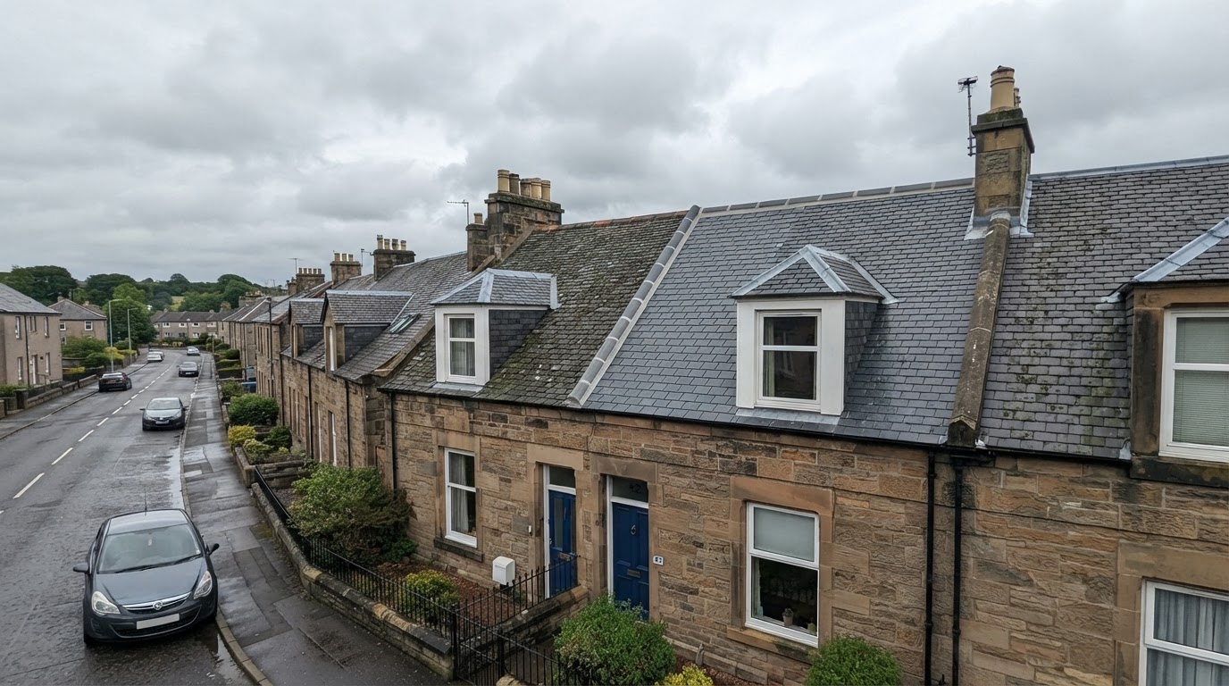Roof Leak Repair – Falkirk - Traced and repaired a leak caused by cracked slates on a stone terraced property. in Falkirk by Alpha Roofing & Building