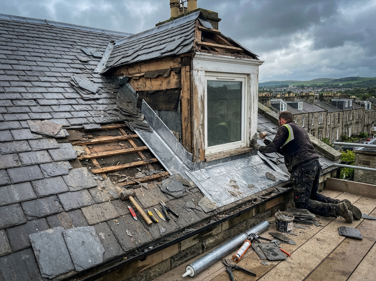 Roof Leak Repair – Bathgate - Traced and repaired a persistent leak caused by failed flashing around a dormer window. in West Lothian by Alpha Roofing & Building