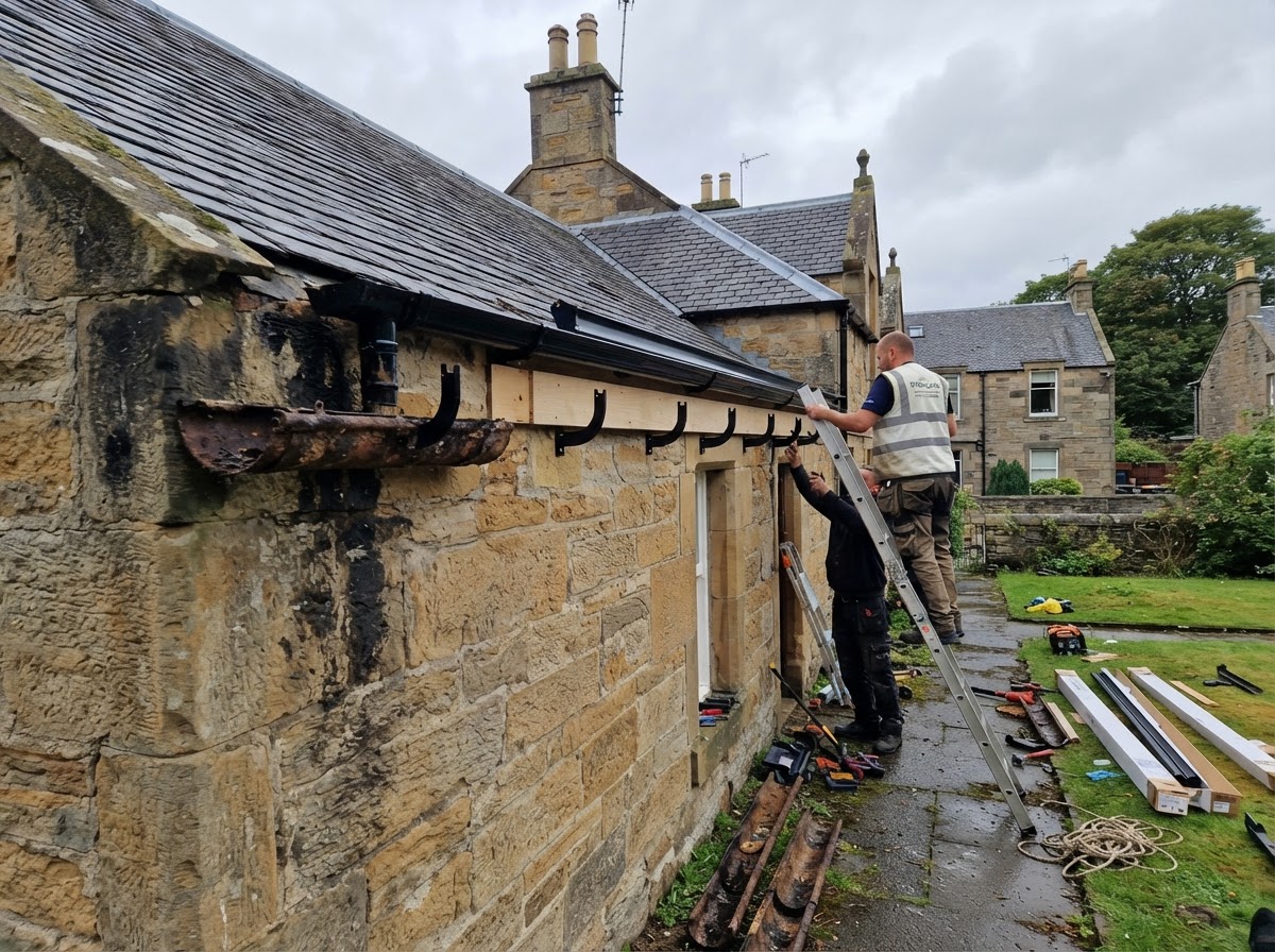 Gutter Replacement – Penicuik - Replaced failed cast-iron gutters with modern uPVC systems on a stone cottage to resolve damp issues. in Midlothian by Alpha Roofing & Building
