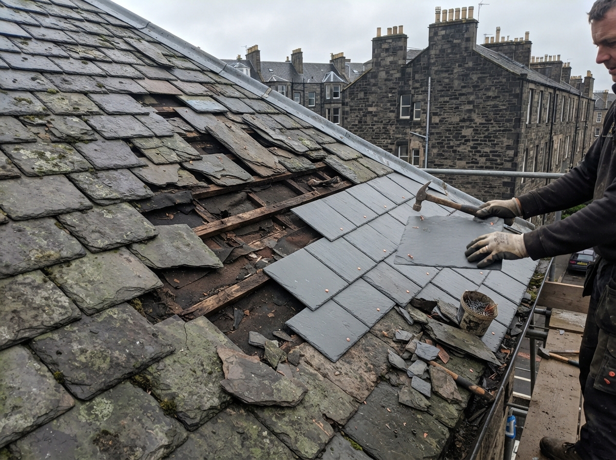 Tenement Roof Repair – West End - Replaced cracked slates and repaired a shared chimney stack on a Victorian tenement. in Dundee by Alpha Roofing & Building