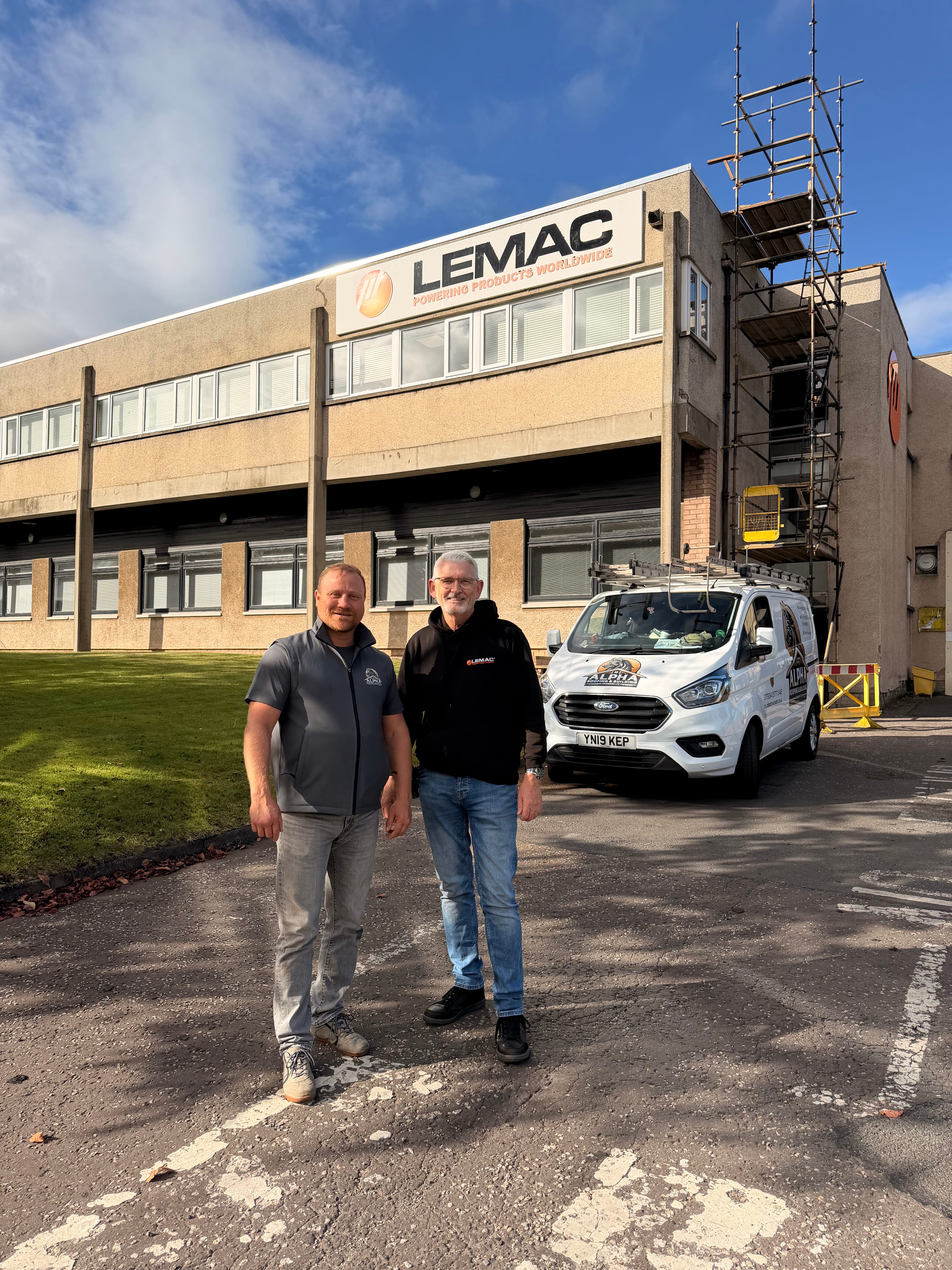 Owner of Alpha Roofing with the owner of LEMAC after completing a 500m² commercial flat roof in Haddington
