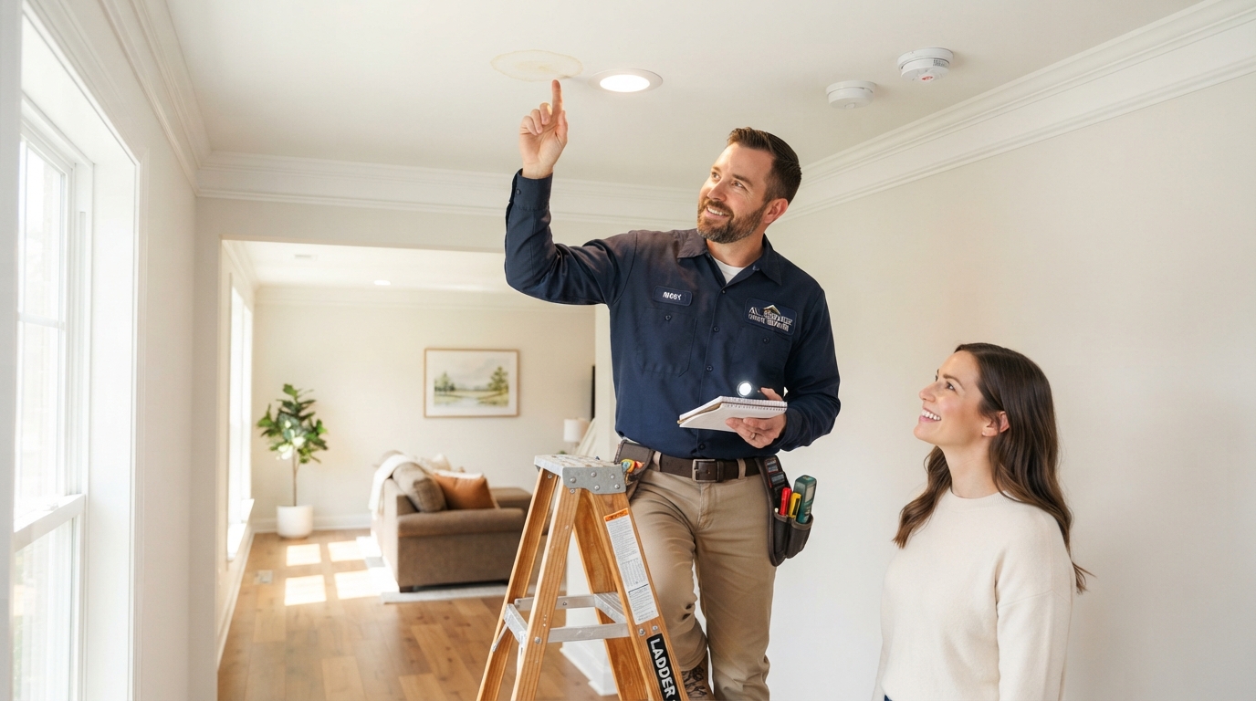 Professional handyman inspecting a water stain on a ceiling in a Georgia home