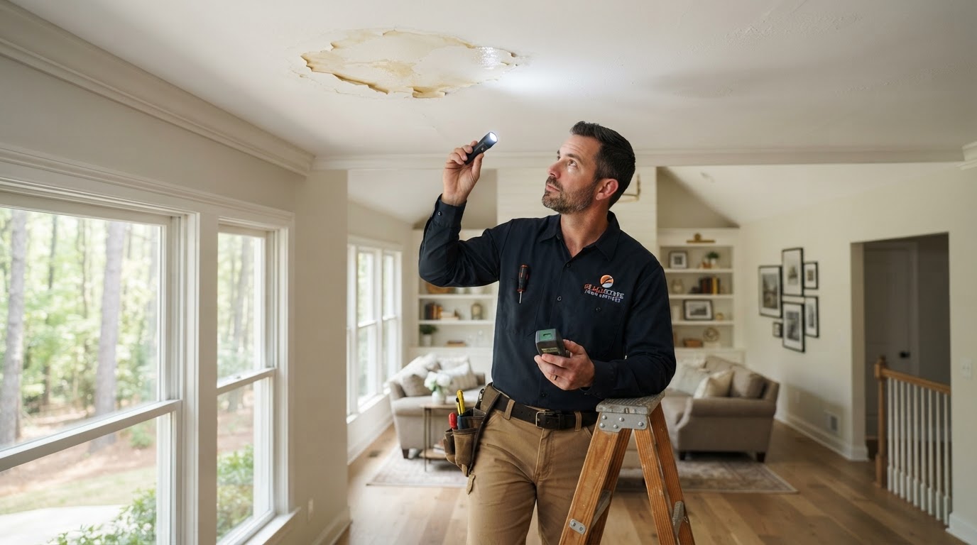 Professional handyman inspecting hidden home repairs in a Georgia home