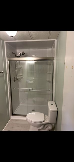 White Glass Enclosure Shower with Modern Fixtures and Toilet Area