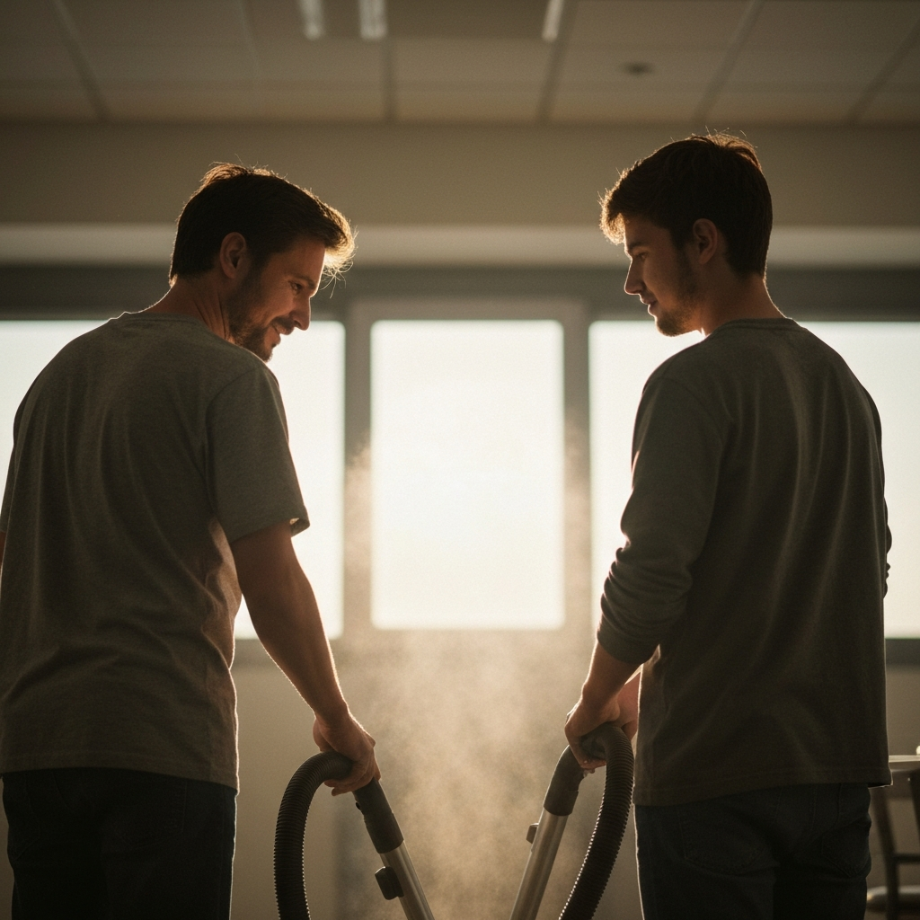 Father and son vacuuming