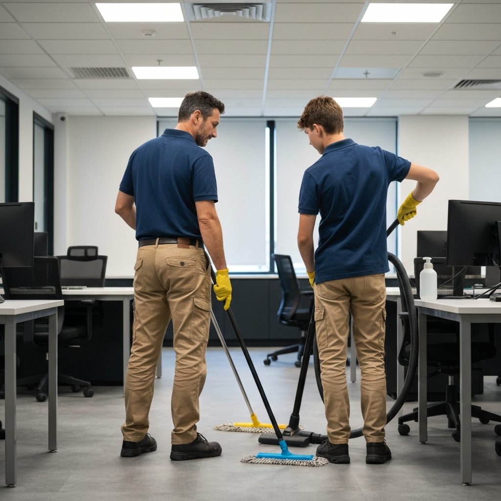 Father and son cleaning an office
