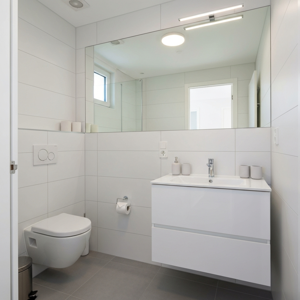 Compact bathroom renovation with large mirror