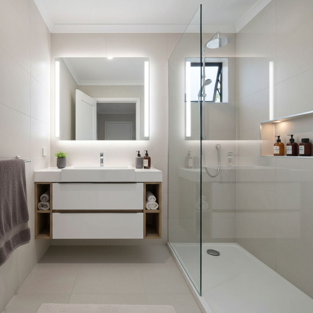 Modern compact ensuite renovation with smart storage