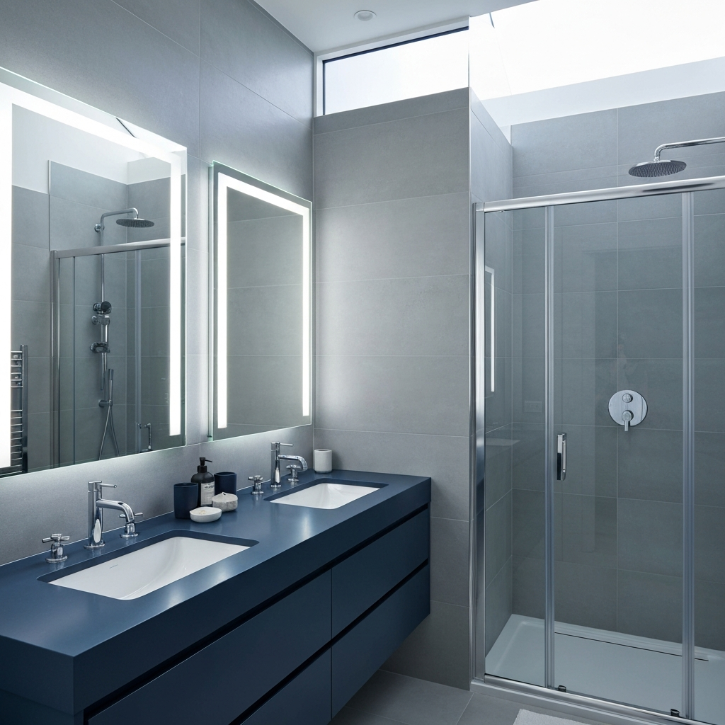 High-end ensuite design with slate blue accents