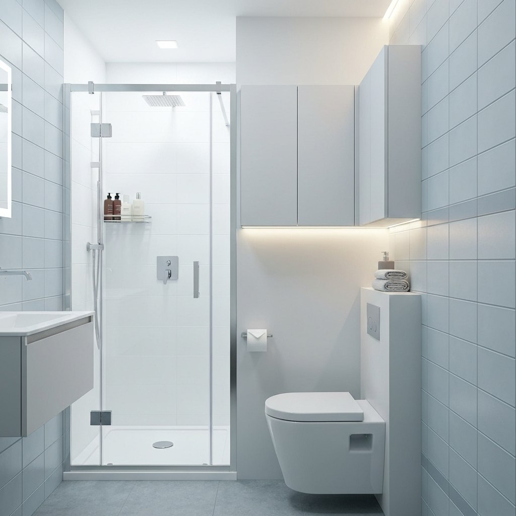 Small modern bathroom design with space saving layout