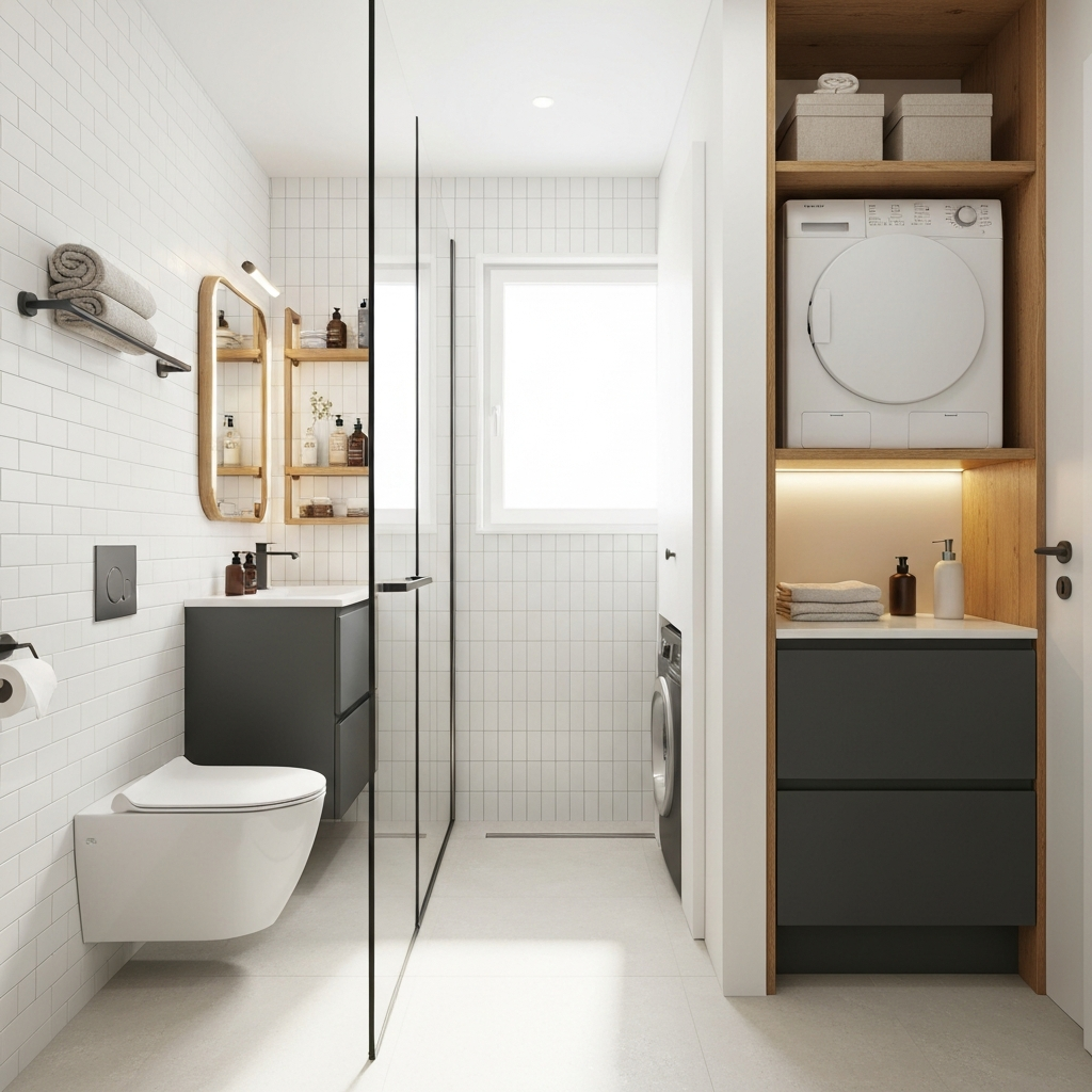 Tiny apartment bathroom remodel with smart storage