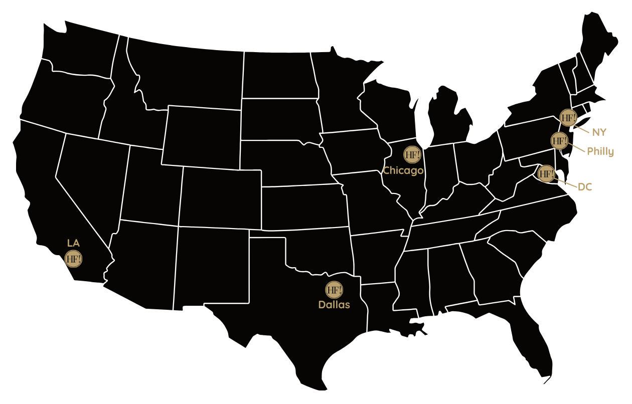 Map showing 6 in-person cities plus 2 virtual cohorts for the Major Gift Intensive: Los Angeles, Dallas, Chicago, Washington DC, New York, Philadelphia