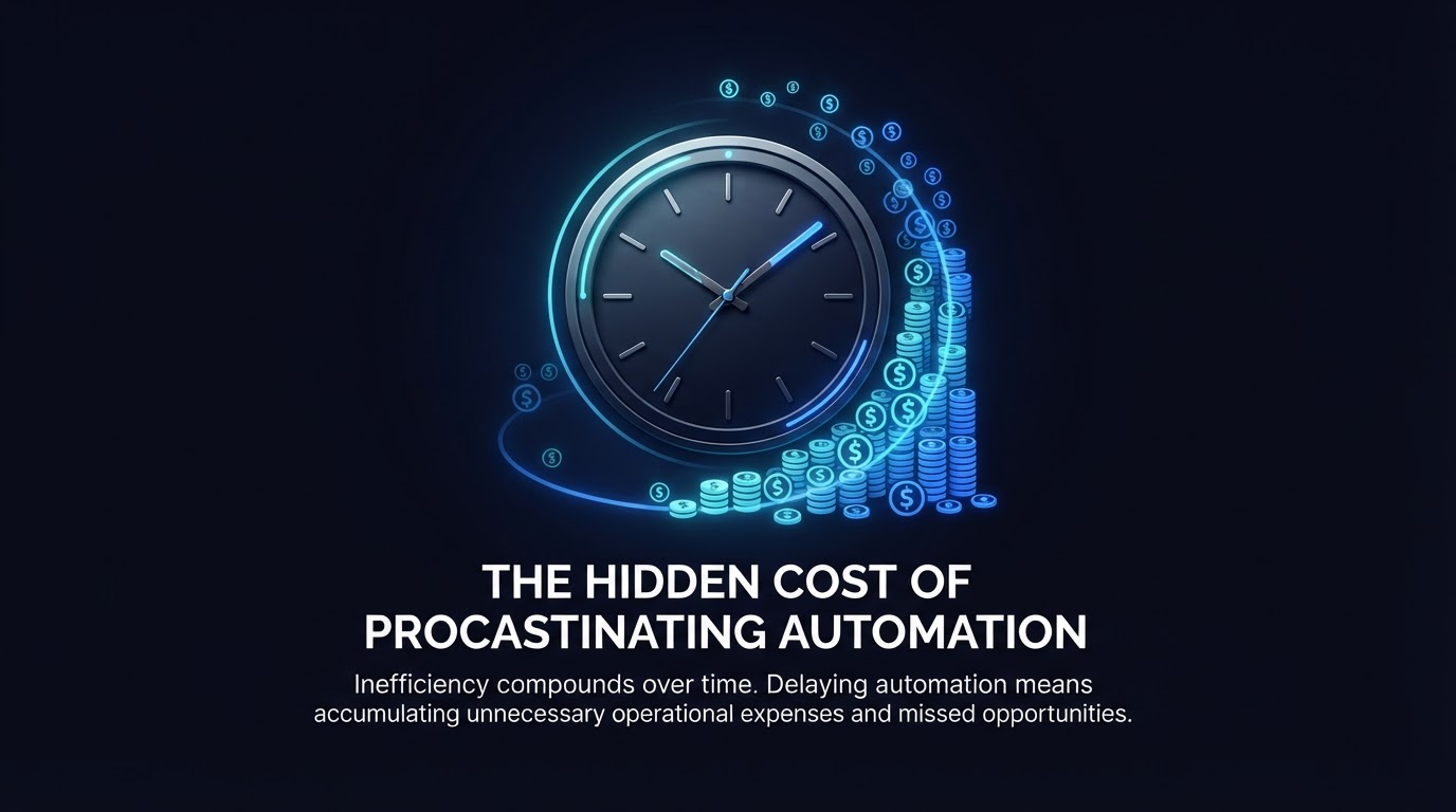 A minimalist clock graphic on a dark background with accumulating cost symbols illustrating the compounding cost of delaying automation