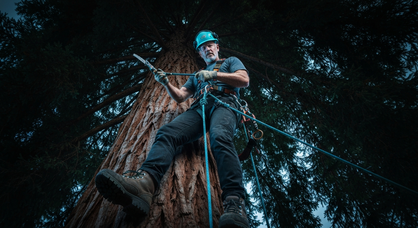Arborist working high in a tree