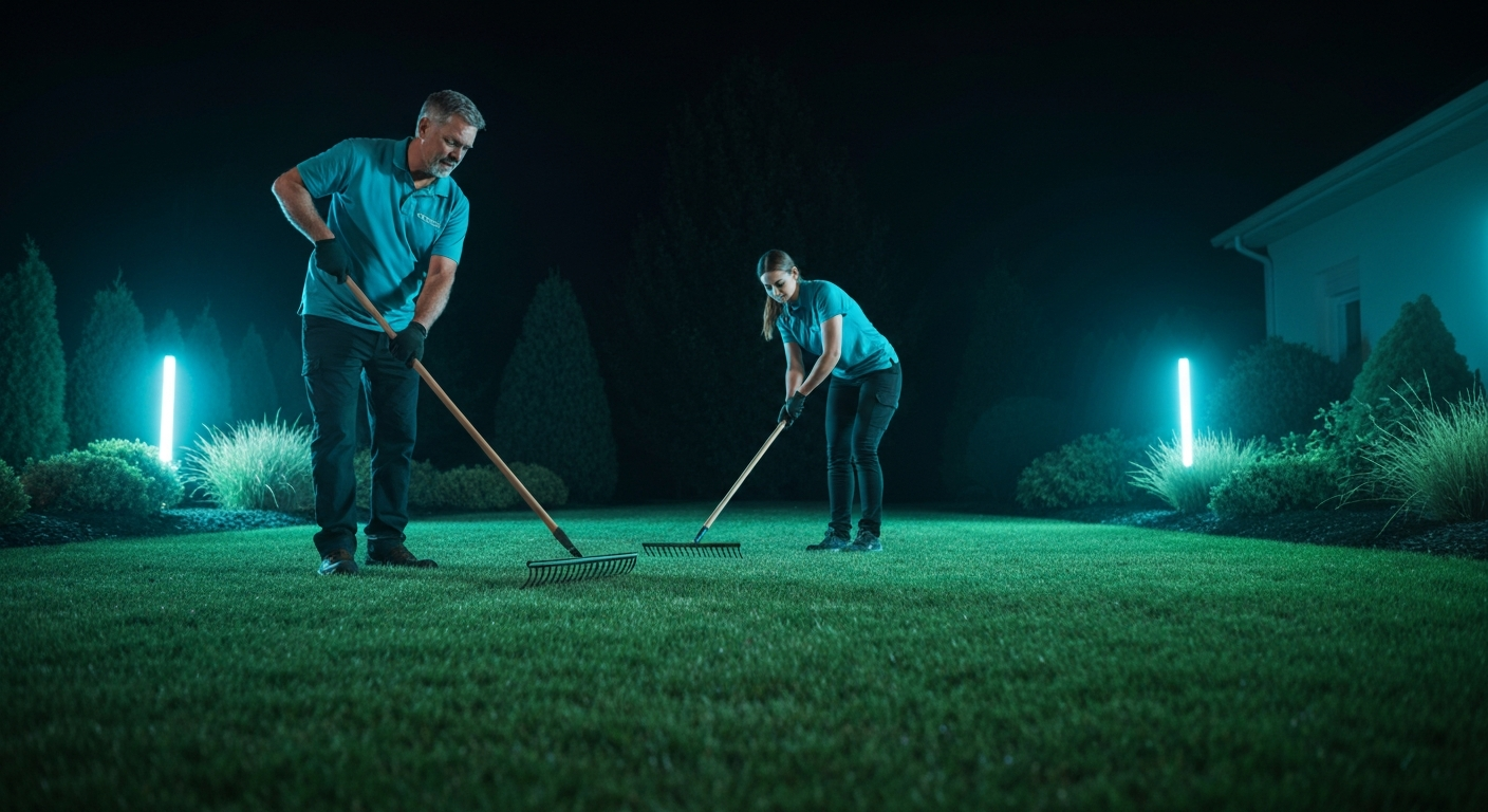 Landscaping crew working on a lawn