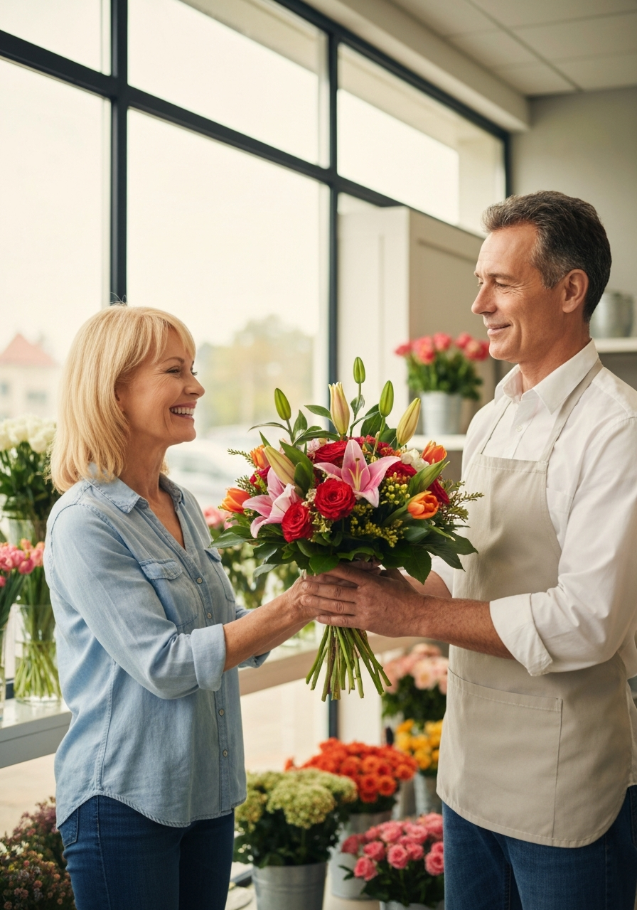 Happy customer with floral arrangement
