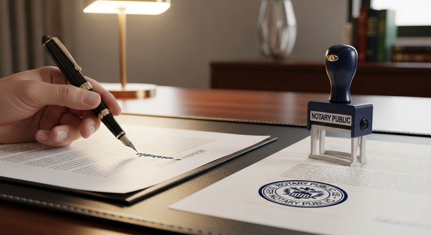 Professional notary signing a document