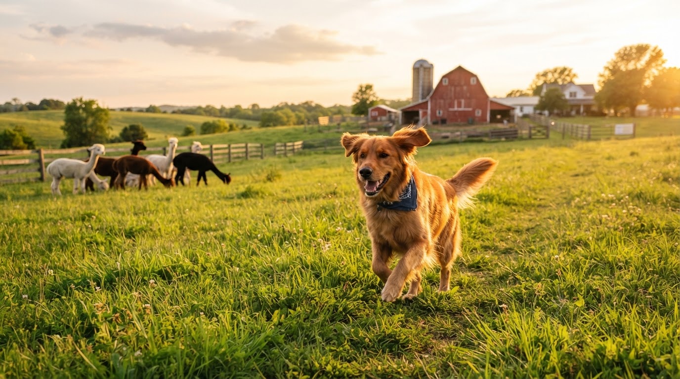 Dog running through a Missouri farm stay pasture with alpacas