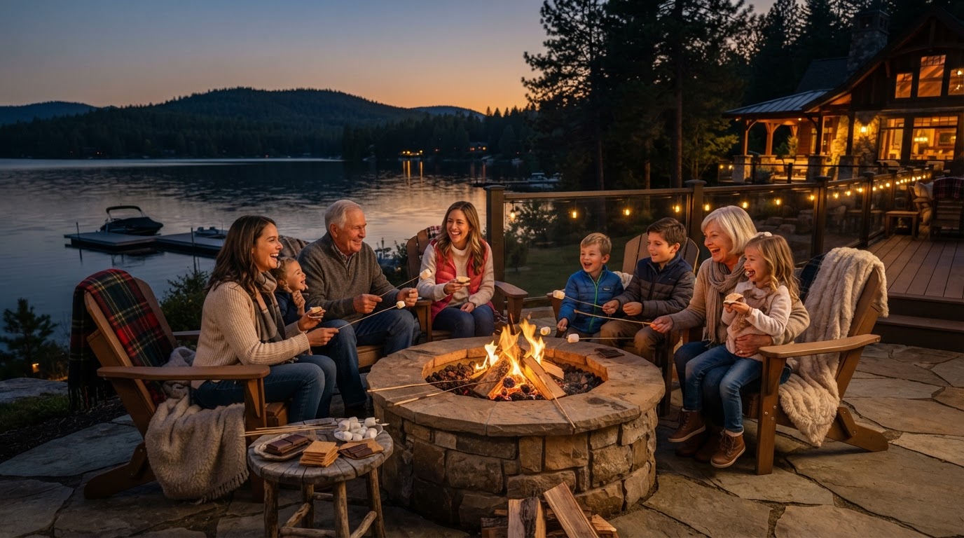 Family gathered around a fire pit at a lakefront property at dusk