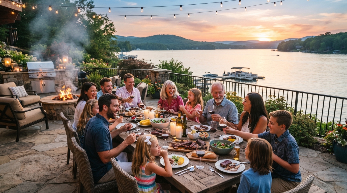 Family barbecue dinner on a lake house patio at sunset