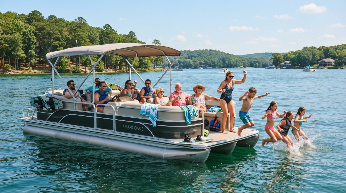 Family enjoying a pontoon boat on Lake of the Ozarks
