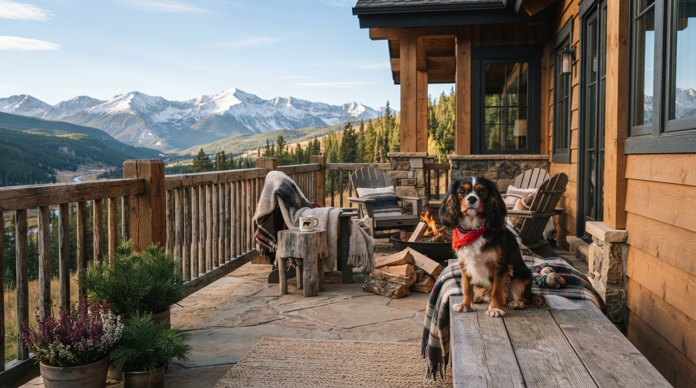 Dog on the patio of a modern rustic mountain cabin in Colorado