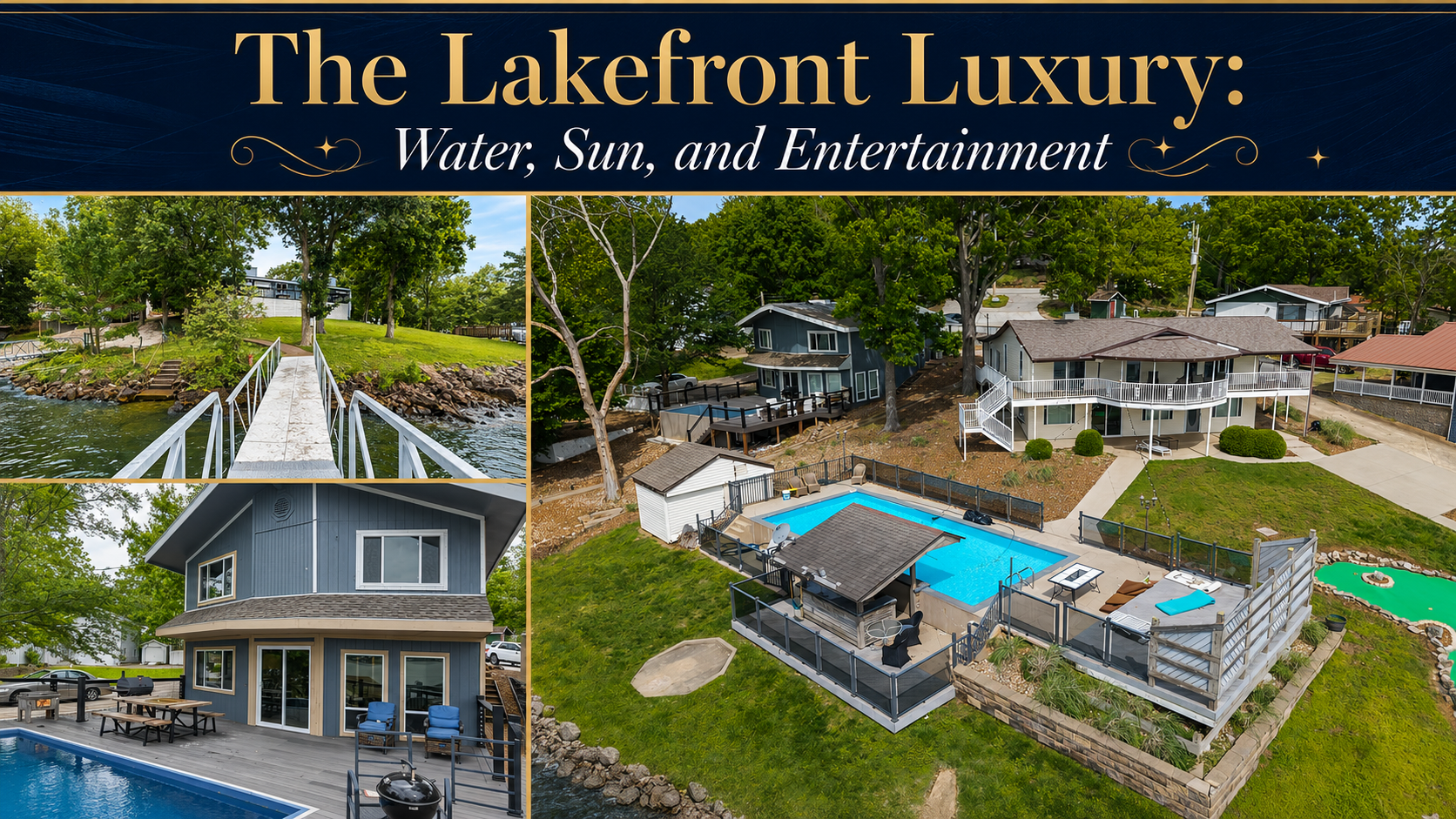 Luxurious lakefront deck at sunset