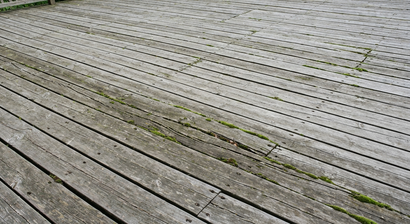 Timber decking in Gloucester with algae before cleaning and restoration by Glevum Hydro