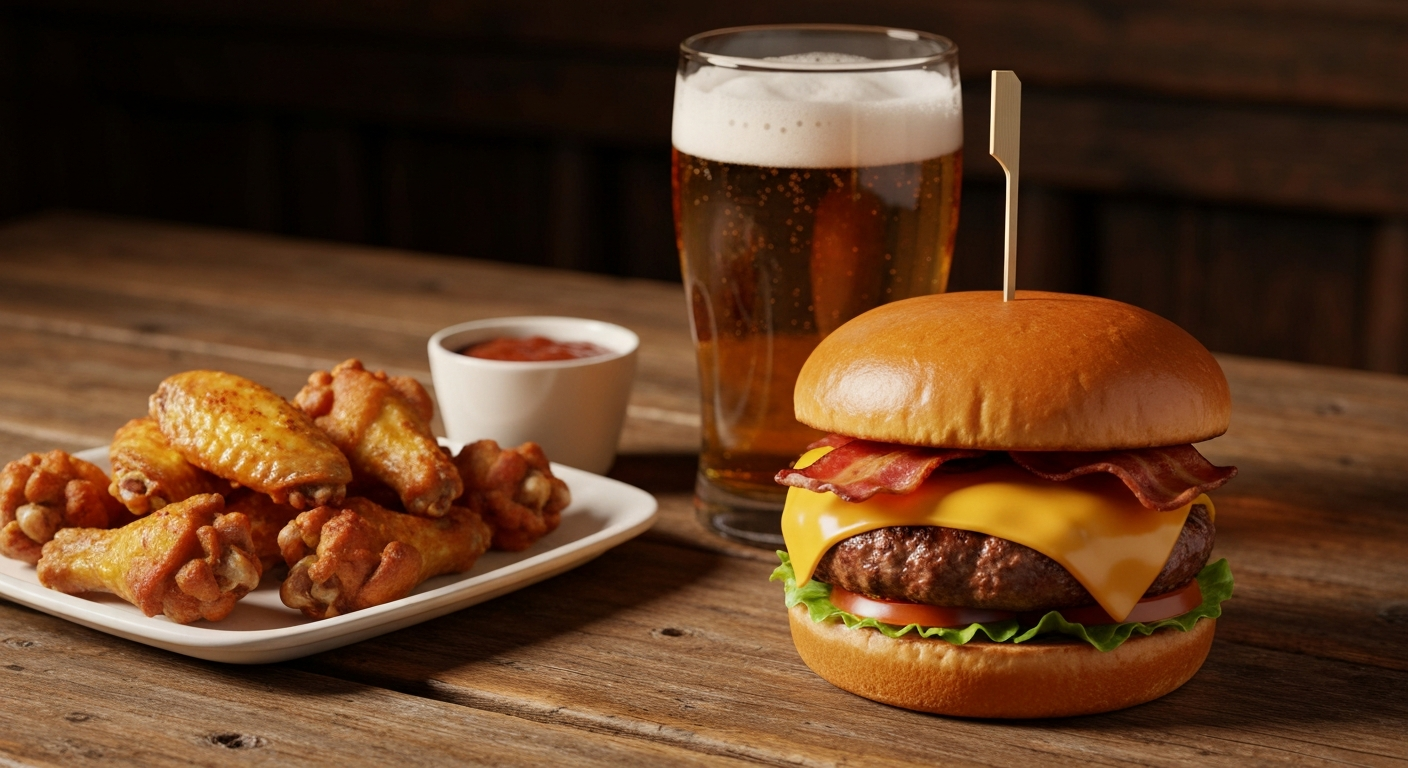Close-up of burgers, wings and beer at Tommy's on Higgins