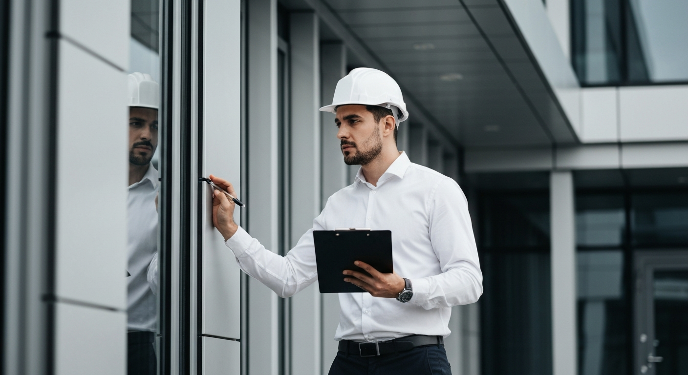 Engenheiro civil especialista realizando inspeção predial em edifício comercial para emissão de laudo técnico