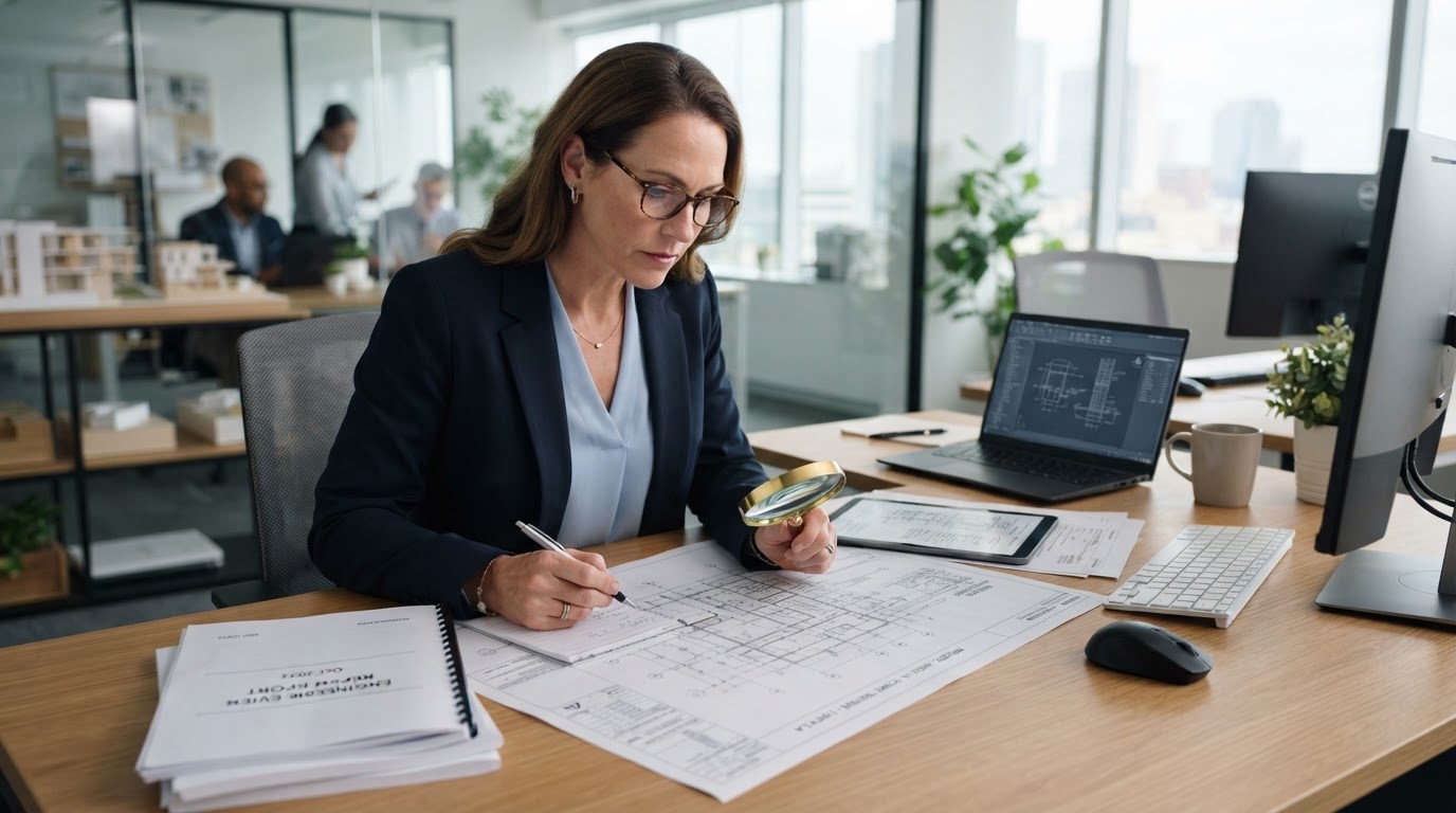 Engenheiro especialista analisando documentos técnicos para elaborar laudo de assistente técnico judicial em Brasília