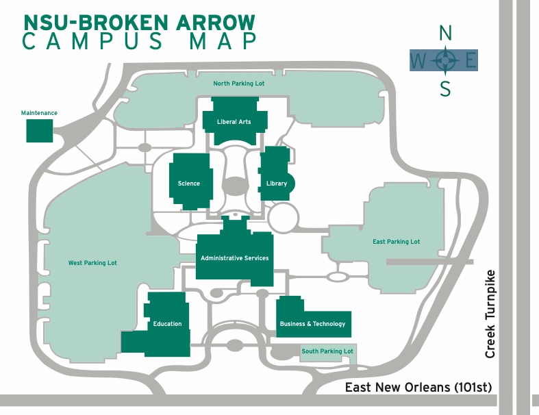 NSU Broken Arrow Campus Map showing West Parking Lot and Administrative Services building
