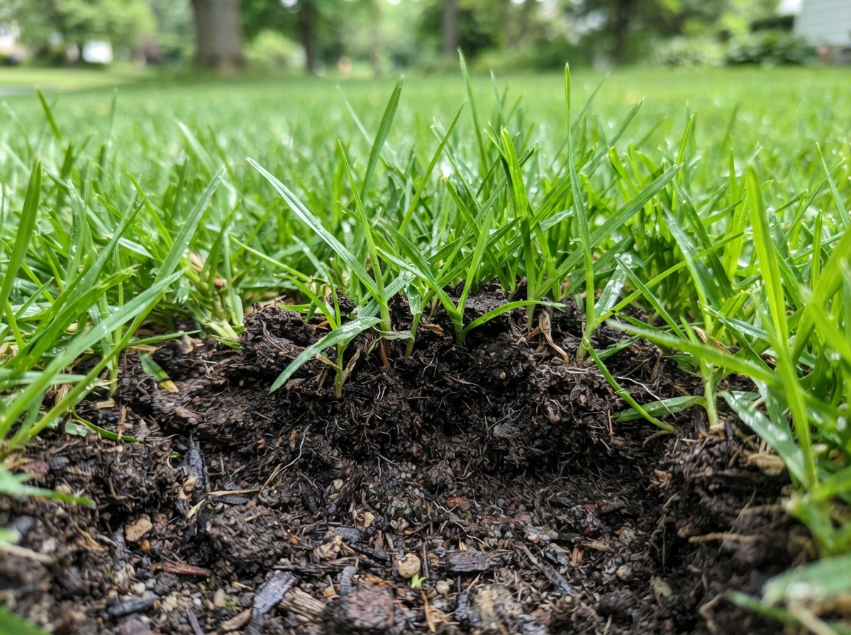 Healthy dark soil with green grass growing — professional lawn lime treatment results in Eastern Pennsylvania