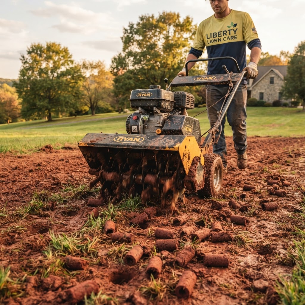 Core aeration breaking up heavy clay soil on a Reading PA lawn