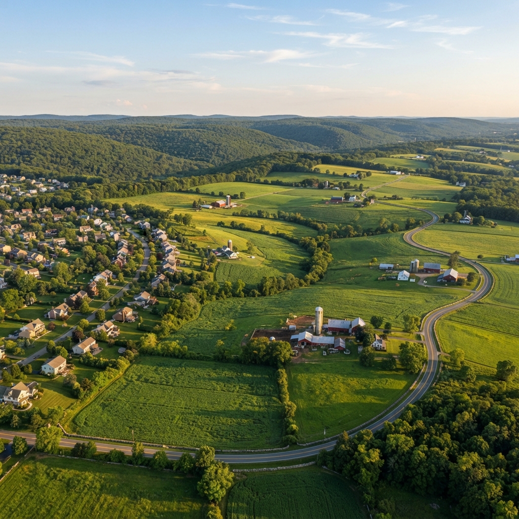 Aerial view of Bally Pennsylvania countryside and farmland showing Golden Green lawn care service area