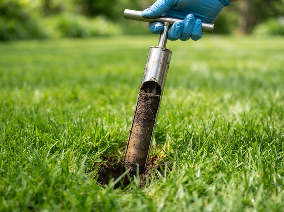 Professional soil probe extracting a soil core sample from a healthy green lawn