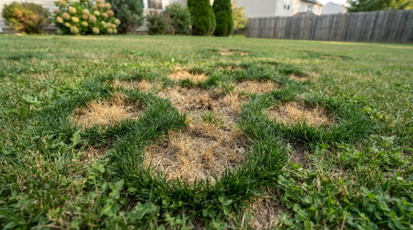 Pennsylvania cool-season lawn with circular brown dead grass spots caused by dog urine damage
