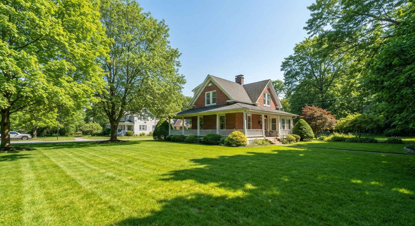 Healthy green lawn in a suburban Pipersville neighborhood