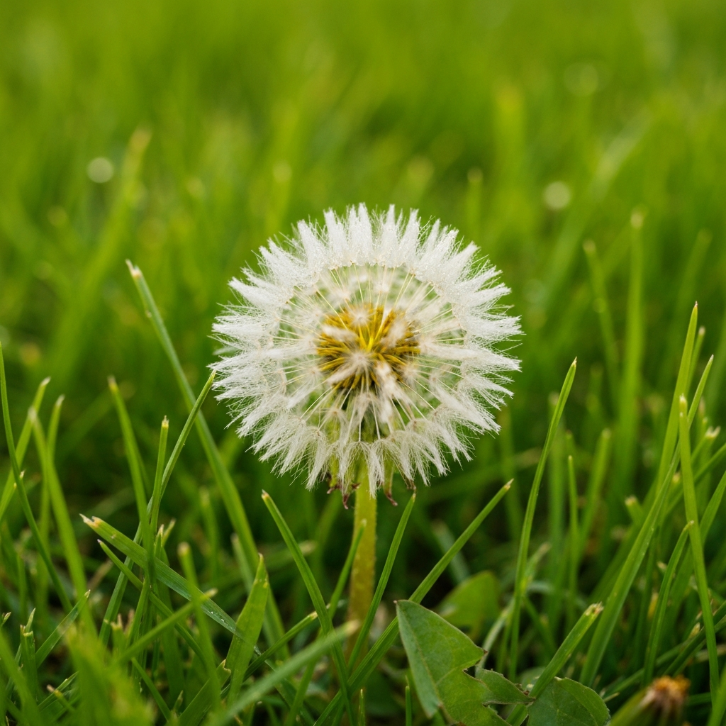 Close up of a dandelion weed in a lawn