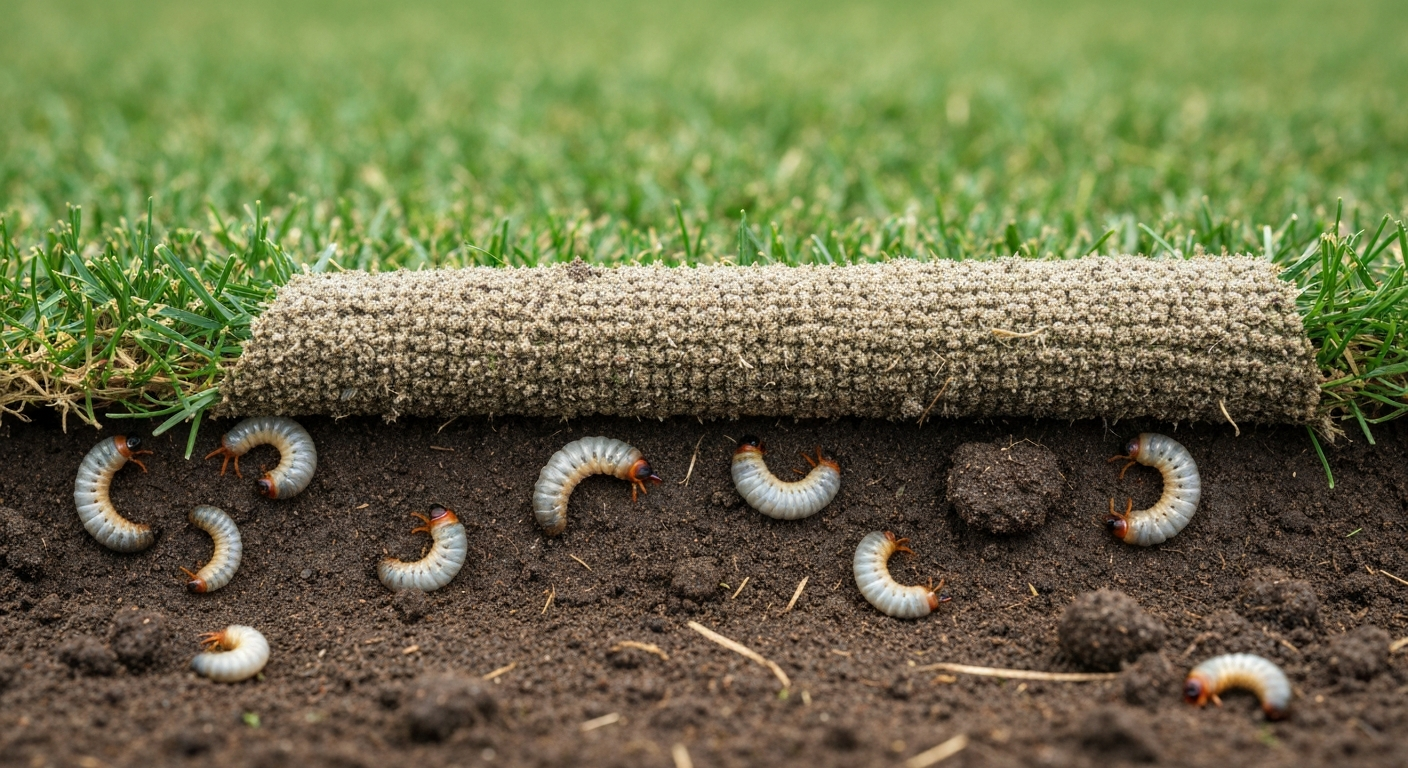 Severe white grub damage on a cool season lawn, turf rolling back like a carpet