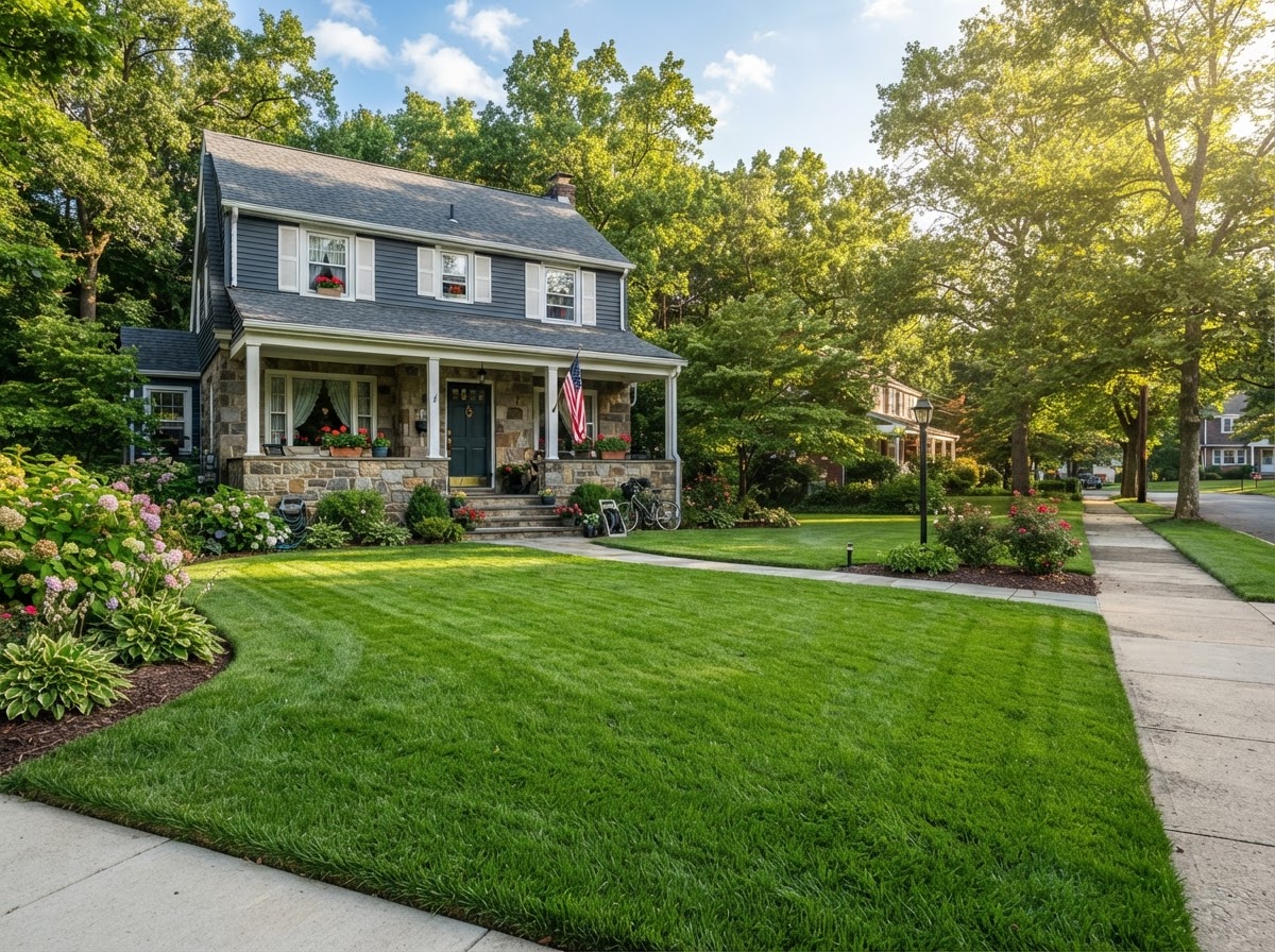 Lush green lawn in Reading PA with the Pagoda in the background