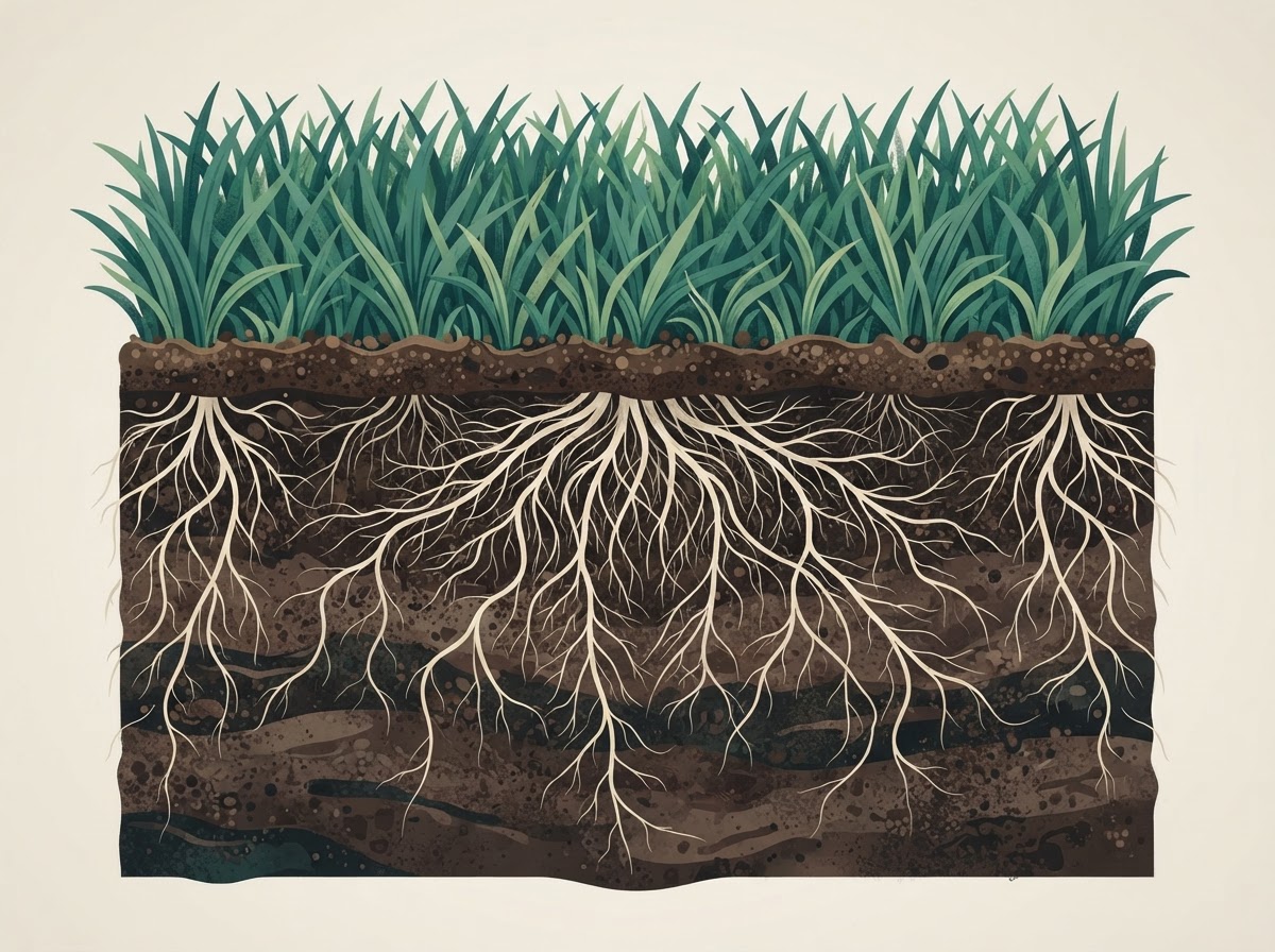 Close-up of a healthy lawn root zone cross-section showing white grubs in brown soil beneath green turf grass. No people or equipment.