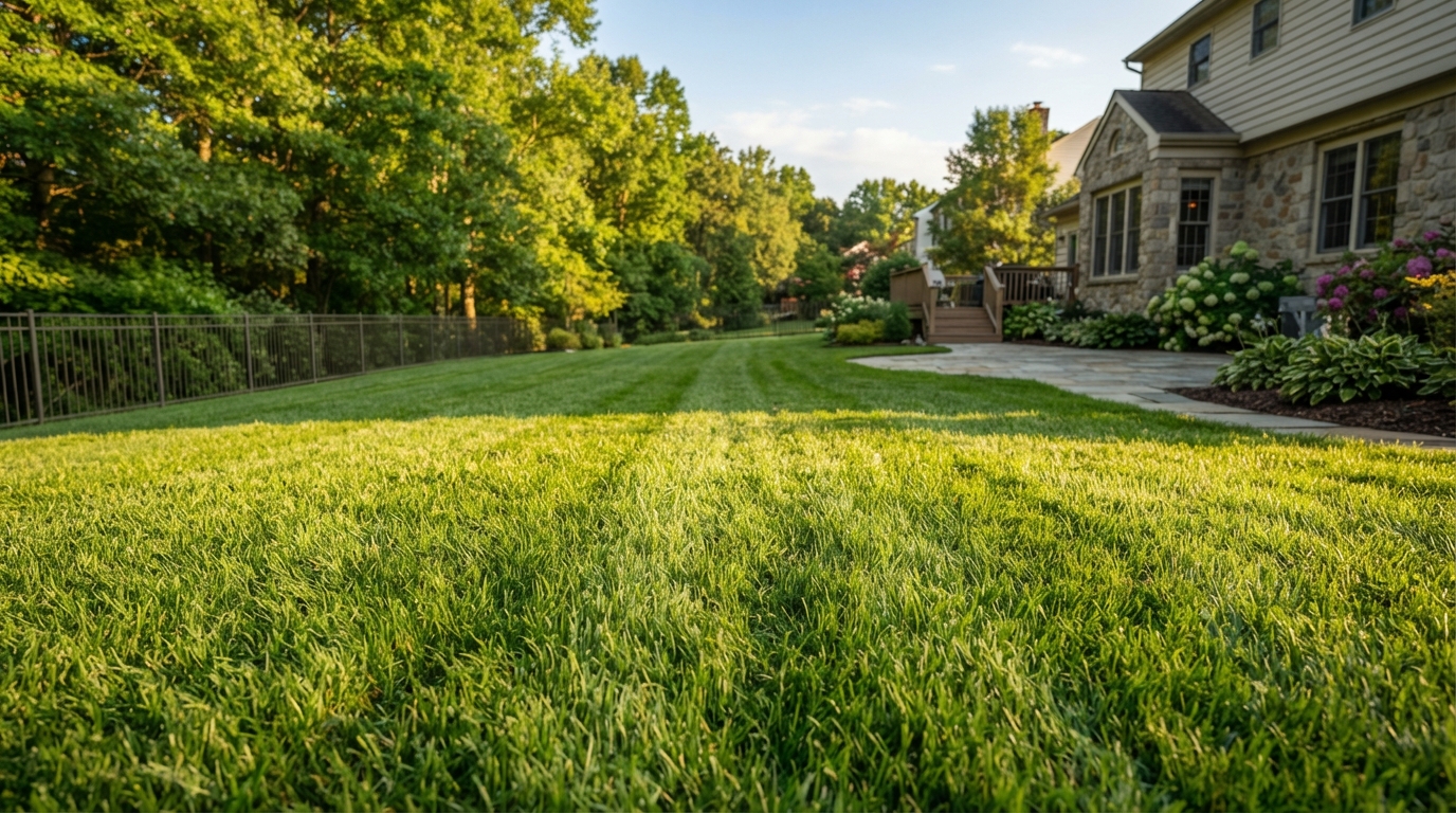 Lush thick green lawn after professional overseeding with Sunny's Seed Mix