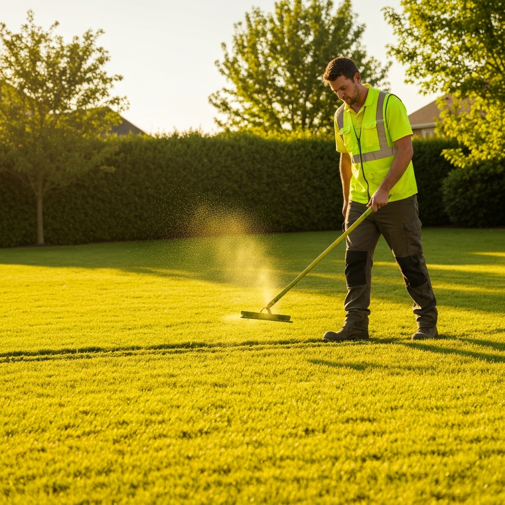 Lawn care professional working in a residential neighborhood